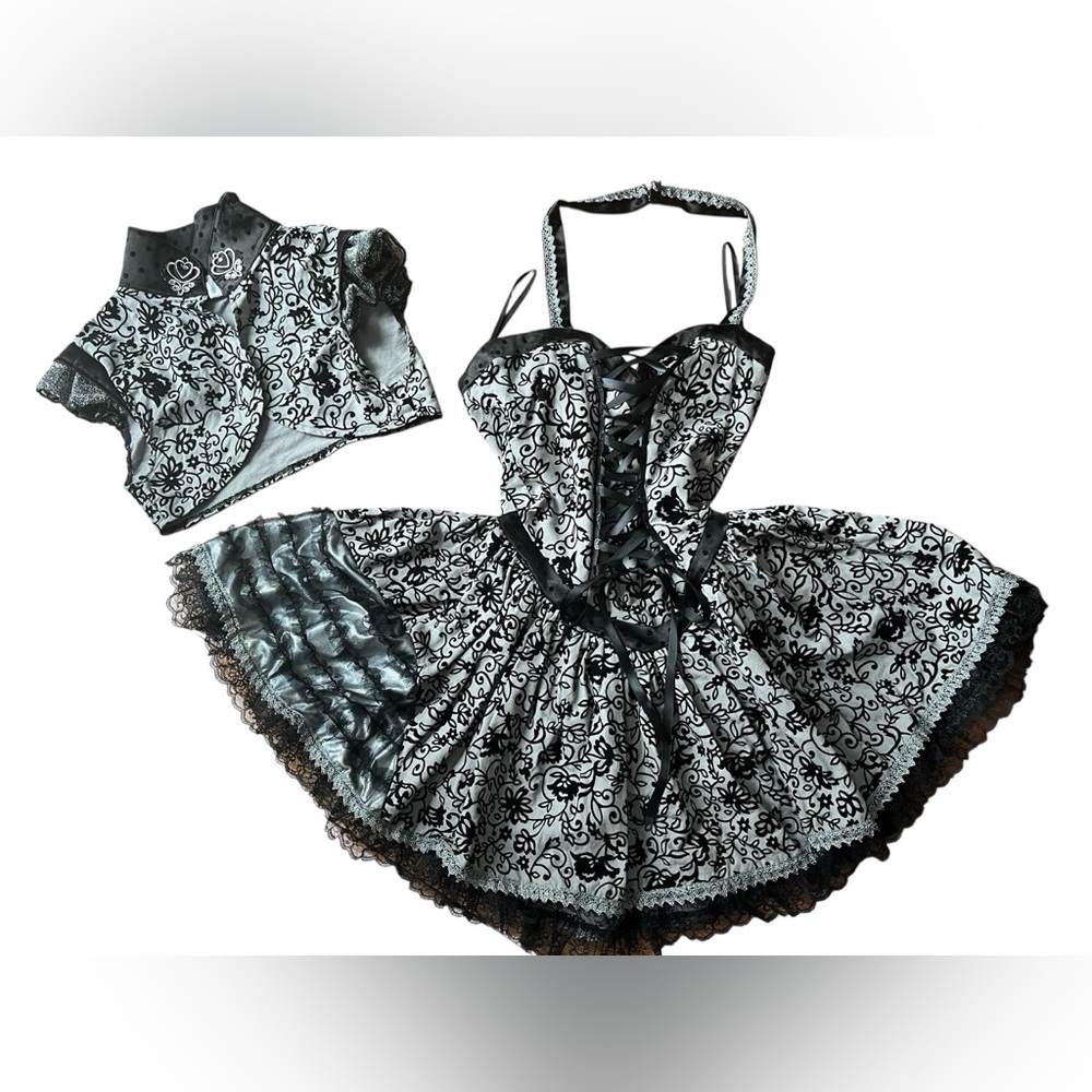 Black & White Floral Lace-Up Mini Dress with Bolero